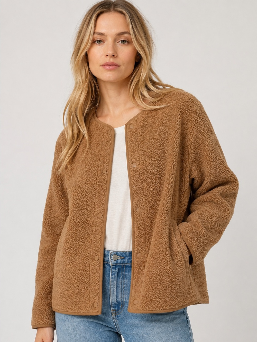 Joie Women’s Teddy Sherpa Fleece Jacket Camel Tan Snap Front Size M